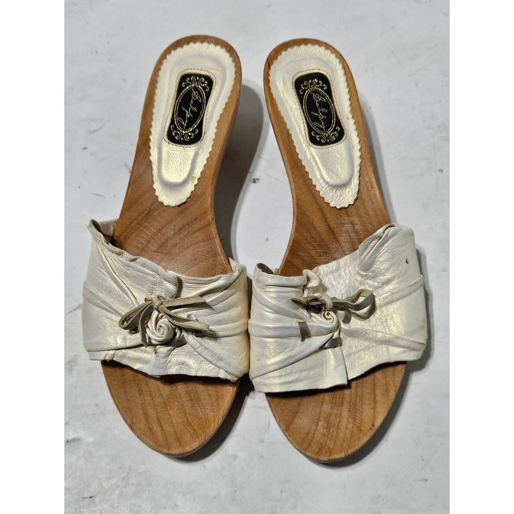 Salpy Womens Wooden Clogs Mules White Leather Accent Platform Wedge Heels Size 6